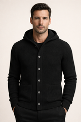 Davide Rib-Knit Hooded Cardigan Black