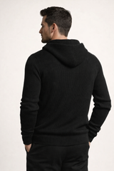 Davide Rib-Knit Hooded Cardigan Black