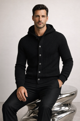 Davide Rib-Knit Hooded Cardigan Black