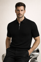 Elio Ribbed Zip Polo Black