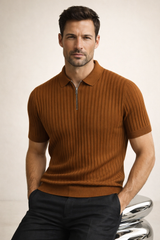 Elio Ribbed Zip Polo Caramel